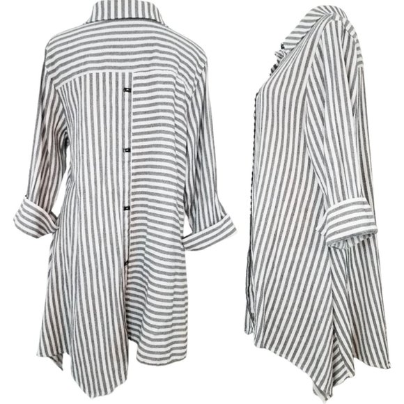 SOFT SURROUNDINGS Gray & White Striped Button-Down Blouse Women's L - Picture 2 of 5